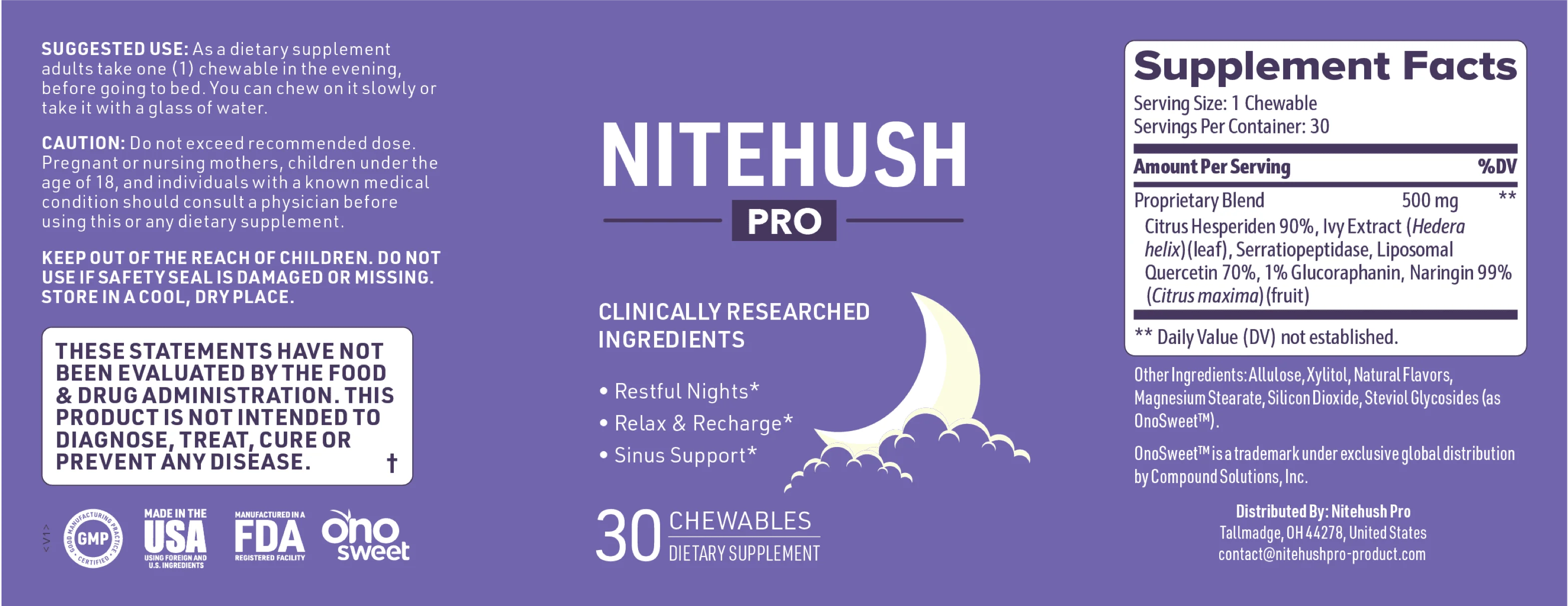 NiteHush Pro Supplement facts
